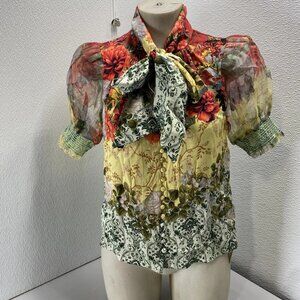 NEW ALICE + OLIVIA Brentley Tie Neck Puff Sleeve Blouse Size S Multicolor